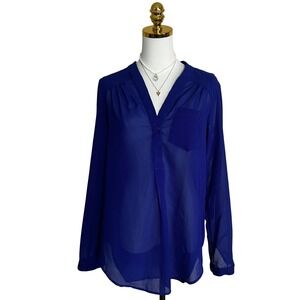 Alloy Apparel Royal Blue Sheer V-Neck Henley Blouse Top Large